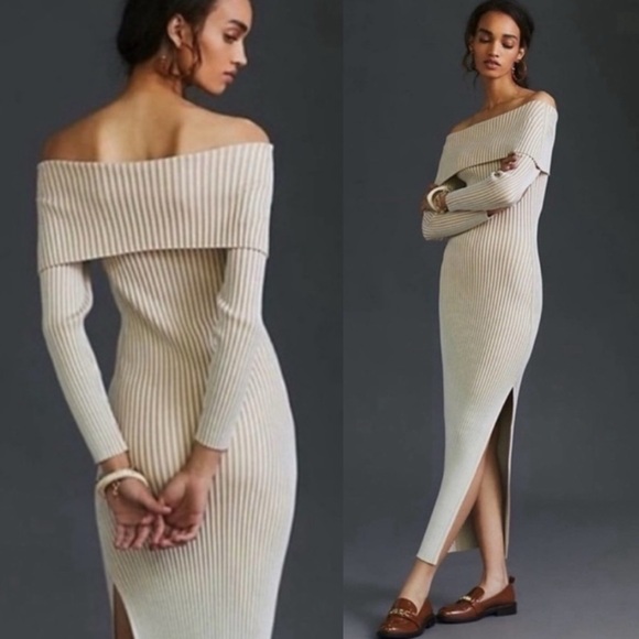 Anthropologie Dresses & Skirts - Anthropologie Ribbed Off the Shoulder Midi Sweater Dress Beige Cream Small